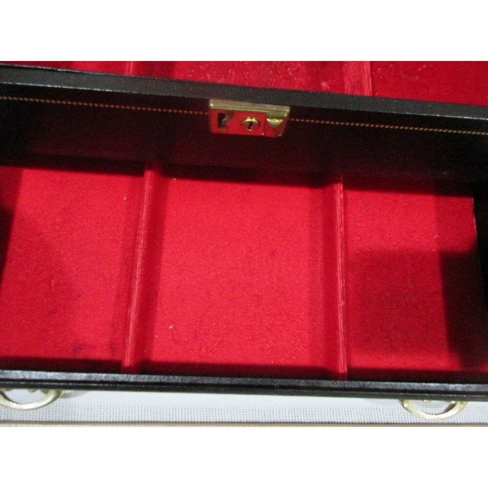 Vtg, Black Faux Leather Mell MCM Jewelry Box Red Velvet 25+Piece Tiered with KEY